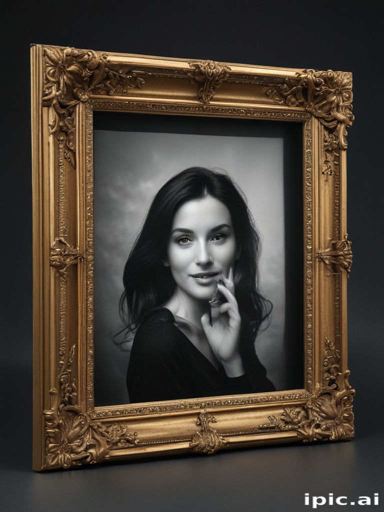 Elegant Black and White Portrait of a Woman in Ornate Frame