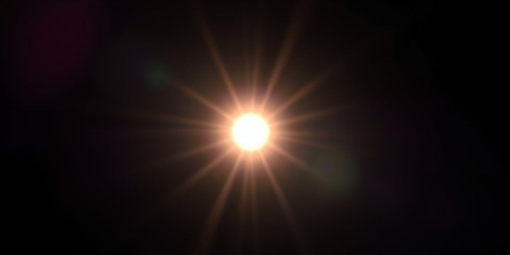 Create a high-resolution image of a bright lens flare on a dark background using a DSLR camera with a 50mm lens, f/1.8 aperture, ISO 100, and a shutter speed of 1/200s, captured from a frontal view in a soft focus style to enhance the luminous effect.