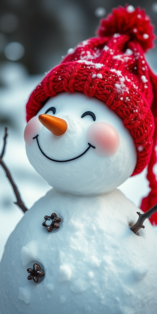 Create a whimsical snowman with a joyful expression wearing a red knitted hat, set in a snowy landscape, captured with a Canon EOS R5, aperture f/2.8, shutter speed 1/200 sec, ISO 100, in a shallow depth of field for a soft background blur.