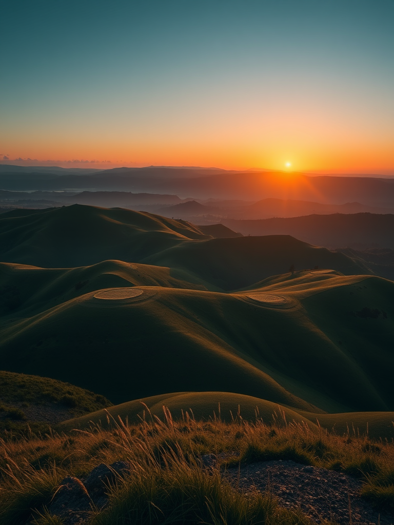 Create a high-resolution image of a serene landscape featuring rolling hills and a sunset backdrop, captured with a Canon EOS 5D Mark IV, aperture f/8, shutter speed 1/250s, ISO 400, wide-angle view, natural lighting, and a soft focus style.