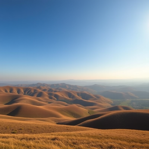 High-resolution image of a serene landscape with rolling hills and a clear blue sky taken with a Canon EOS R5, 50mm lens, f/8 aperture, ISO 100, 1/200 sec shutter speed, wide-angle view, natural lighting, taken during golden hour for enhanced warmth and clarity.