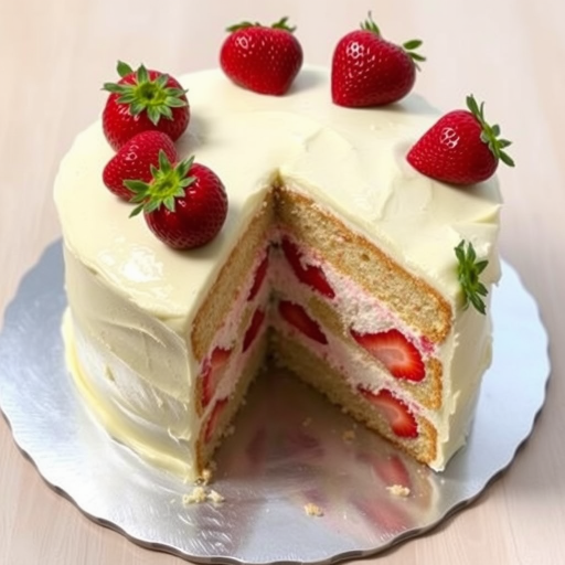 A delicious vanilla cake with fresh strawberries on top and inside, covered in creamy frosting, with a slice cut out revealing the strawberries and frosting layers, placed on a silver cake board with a light wooden background.