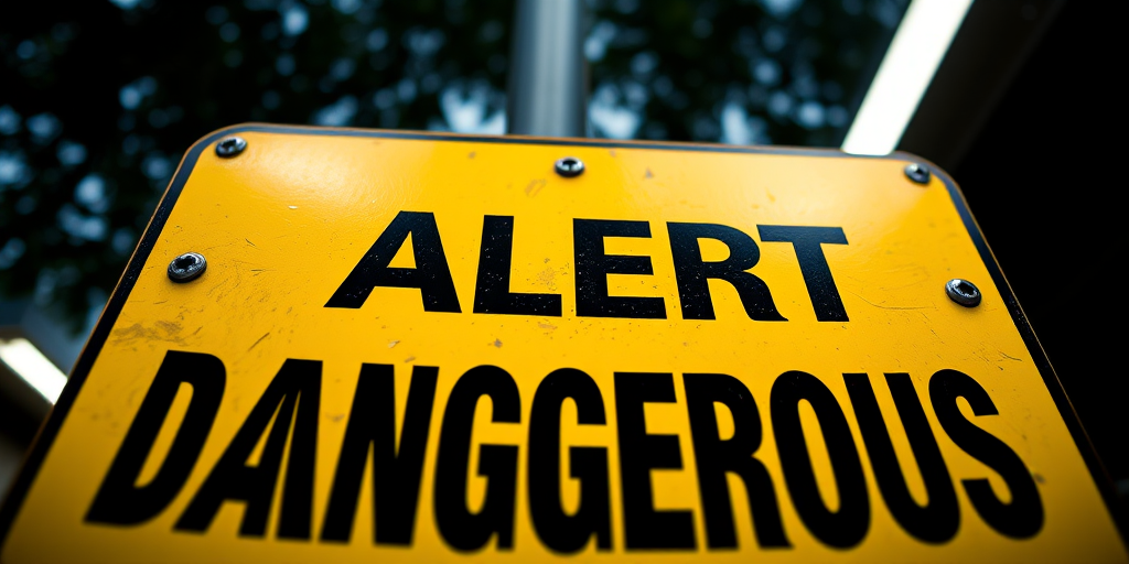 Generate a high-resolution image of a bright yellow warning sign with bold black text that reads "ALERT DANGEROUS," using a wide-angle lens with an aperture of f/8, ISO 100, and a shutter speed of 1/250 second, capturing from a slightly tilted angle for dynamic effect.