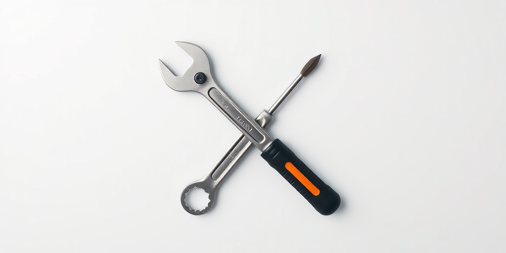 Create a high-resolution image of a wrench and screwdriver crossed together on a plain background, using a Canon EOS R5, f/2.8 aperture, ISO 100, 50mm lens, shot from a top-down view, with soft lighting for enhanced details.