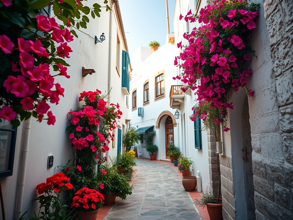 Regenerate an image of a narrow, charming alleyway with whitewashed buildings and colorful flowers, shot with a DSLR camera at f/8 aperture, ISO 100, with a 24mm lens, using natural light, emphasizing depth of field and vibrant colors against a soft focus background.