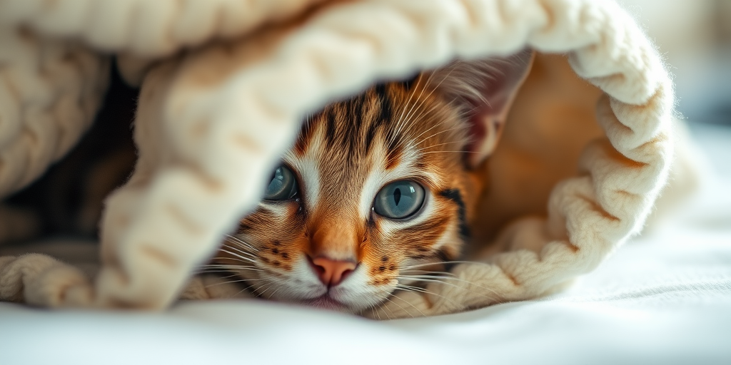 Close-up of a cat peeking out from under a blanket with soft natural lighting, 50mm lens, aperture f/1.8, ISO 200, shallow depth of field, DSLR camera, capturing a cozy and intimate moment.