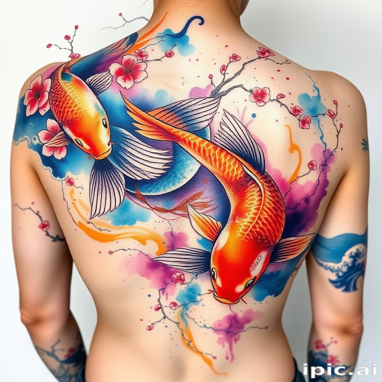 Vibrant watercolor koi fish tattoo, "Aquatic Symphony," featuring swirling hues of blue, orange, and purple, with delicate black outlines and splashes of white for highlights, incorporating traditional Japanese elements like cherry blossoms and waves, designed to flow gracefully across the upper back and shoulders