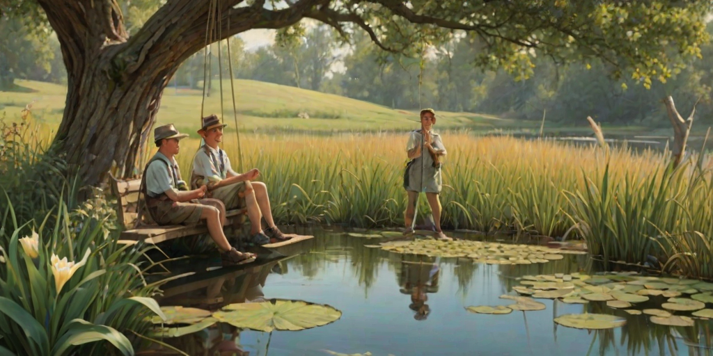 Imagine a small group of old fashioned young boys out fishing by the creek, a swing hanging from a tree branch, reeds and grasses by the water's edge, a frog sitting on a lily pad, dragonflies hovering over som water plans, a very iconic old fashioned scene reminiscent of a Norman Rockwell painting style