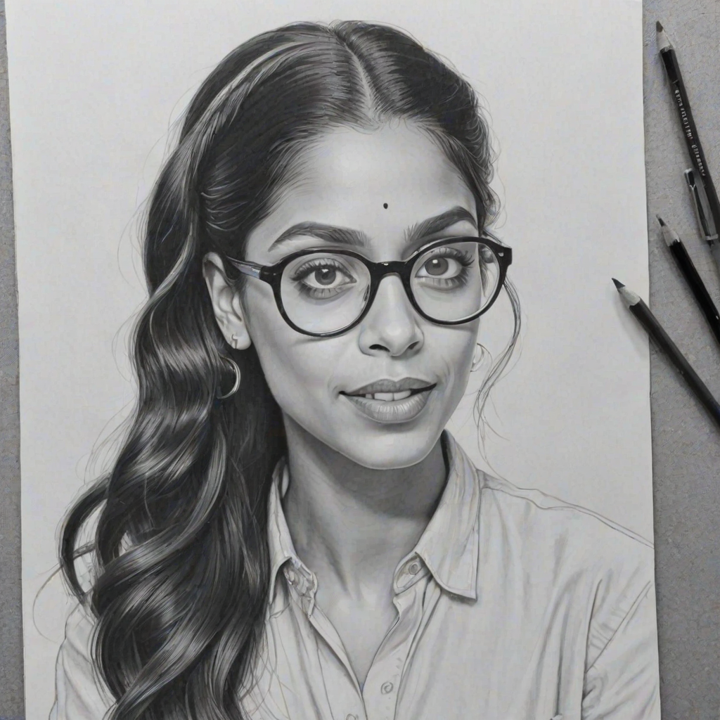 Magnificent Lilly Singh, pencil sketch, portrait of Delightful woman 1956s in glasses, hair style beatnik, outline, clear lines, fine lines, 8k
