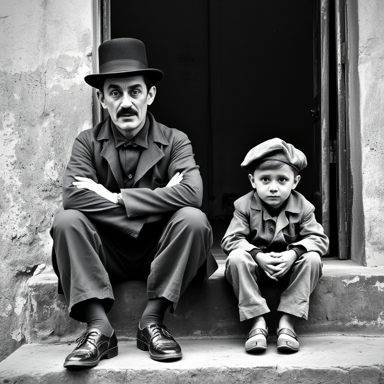 A black-and-white photograph of a man and a child sitting on steps in front of a doorway. The man is dressed as a tramp with a bowler hat, mustache, and ragged clothes, reminiscent of Charlie Chaplin's iconic look. He is sitting with his arms crossed and an expression of slight sadness or frustration. Next to him is a young boy, also in worn clothes and a cap, sitting with his hands clasped, looking thoughtful. The background is an old, textured wall and a partially open door, creating a vintage, early 20th-century atmosphere.