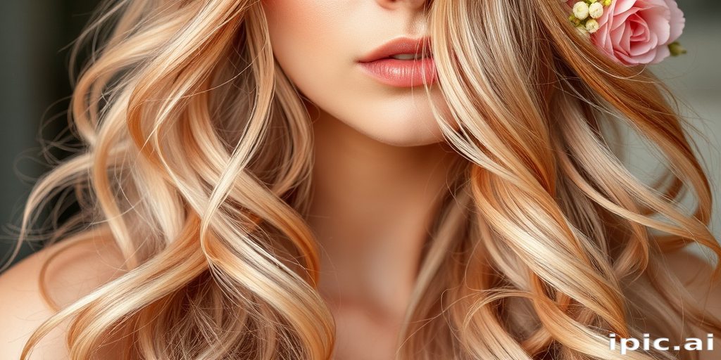 Romantic close-up captures Rose Gold Goddess long hair, a soft blend of peachy pink and pale gold hues, styled in loose romantic curls with floral accessories