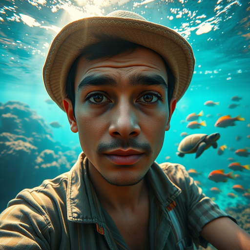 Realistic selfie image of a Nepali, wearing a vintage outfit, detailed dreamy eyes, droopy hooded eyes, staring at the camera, taken underwater at coral reef with a sunbeam filtering through the water, vibrant, summer vacation, natural lighting, turtle and school of tropical fish with vibrant colors, rendered in the style of CryEngine, Pegi Nicol MacLeod, with realistic genre scenes, hauntingly beautiful narratives, ultra-realism, and Thomas Saliot's close-up technique, 8K resolution, crystal clear and sparkling water.