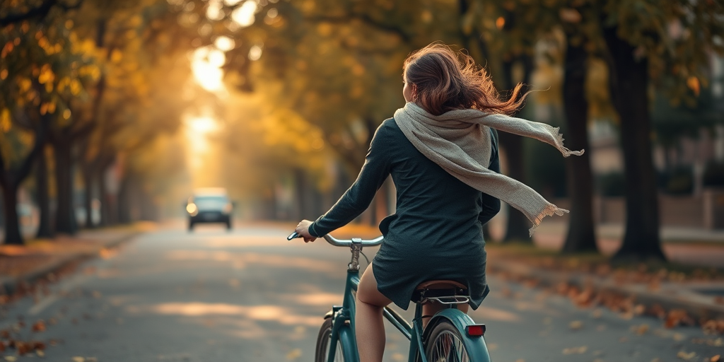Softly focused photo of a woman riding a vintage bicycle through a tree-lined street in autumn, soft golden light filtering through falling leaves, her scarf trailing behind in the wind.