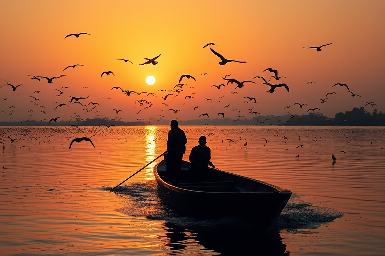 capture a serene sunset over a river with silhouetted fishermen on a boat, flocks of birds in flight and on the water, warm golden hues reflecting on the surface, ISO 200, f/8, 1/200 sec, wide-angle lens, DSLR camera, landscape orientation