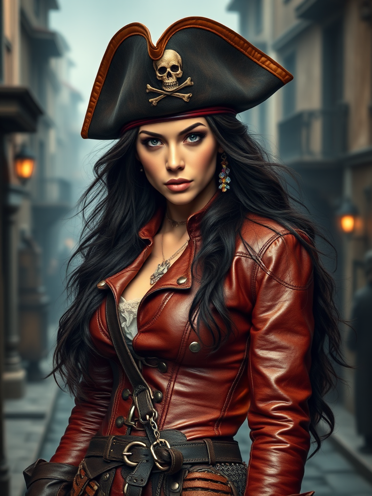 Create a portrait of a fierce female pirate. She wears a leather tricorn hat adorned with a skull and crossbones emblem, and her long, dark hair flows around her face. Her outfit consists of a richly detailed leather jacket, a corset, and multiple layers of belts and accessories, giving her a formidable and stylish appearance. She stands confidently in a dimly lit, historic port town, with a backdrop of weathered buildings and cobblestone streets, capturing the adventurous spirit of a pirate.