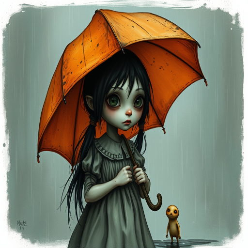 An eerie, weird little girl with dark hair in thin pigtails, wearing a smock dress, standing in the rain, holding a dirty orange umbrella, a small, odd creature beside her. In a surreal style inspired by Nicoletta Ceccoli and Brian Froud. Dark fantasy themes
