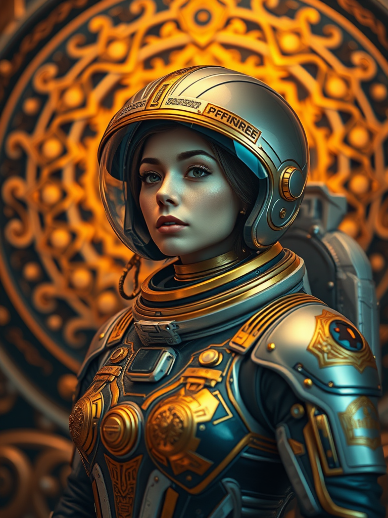 Regenerate an image of a futuristic female astronaut with intricate golden details in her suit, set against an ornate backdrop with celestial elements, captured using a Canon EOS R5 with a 50mm f/1.2 lens, at ISO 100, aperture f/2.8, and a soft focus technique to enhance the ethereal quality and vibrant colors.