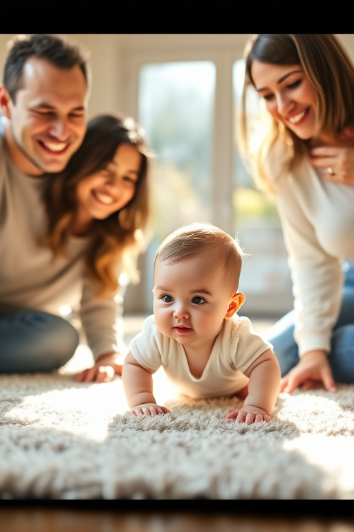 Capture a cozy, sunlit family moment with a baby crawling on a soft rug between smiling parents, using a 50mm lens at f/1.8 for shallow depth of field, ISO 200, natural light, soft focus, taken from a slightly low angle to emphasize warmth and connection, using a full-frame DSLR camera.