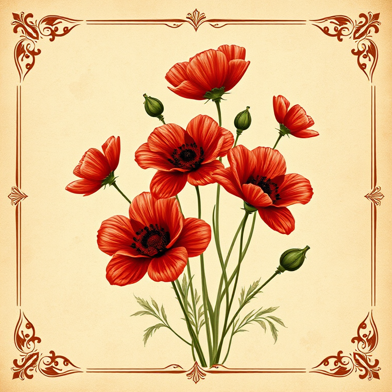 Create a vintage floral illustration featuring red anemone flowers on a textured beige background with ornate borders, captured with a DSLR camera, 50mm lens, aperture f/2.8, soft natural lighting, high dynamic range.