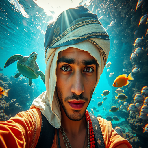 Realistic selfie image of a Sahrawi, wearing a vintage outfit, detailed dreamy eyes, droopy hooded eyes, staring at the camera, taken underwater at coral reef with a sunbeam filtering through the water, vibrant, summer vacation, natural lighting, turtle and school of tropical fish with vibrant colors, rendered in the style of CryEngine, Pegi Nicol MacLeod, with realistic genre scenes, hauntingly beautiful narratives, ultra-realism, and Thomas Saliot's close-up technique, 8K resolution, crystal clear and sparkling water.