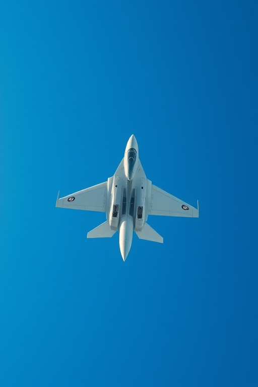 jet fighter soaring through a clear blue sky, captured with a Canon EOS R5, 24mm lens at f/8, shutter speed 1/1000s, ISO 100, aerial view, high dynamic range imaging for enhanced detail and color vibrancy