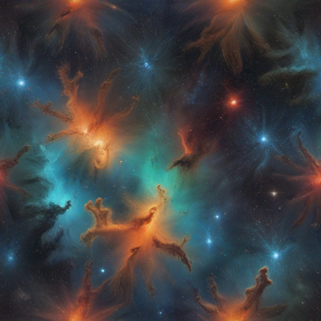 A beautiful and cool orange, blue, red, green nebula in a galaxy