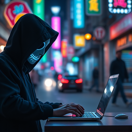 Create an image of a hooded figure with a glowing mask typing on a laptop in a vibrant neon-lit city street at night, using a Canon EOS R5 camera with a 50mm lens, aperture f/1.8, ISO 400, and a shutter speed of 1/60 sec, capturing a cinematic perspective with high saturation and sharp focus on the subject.