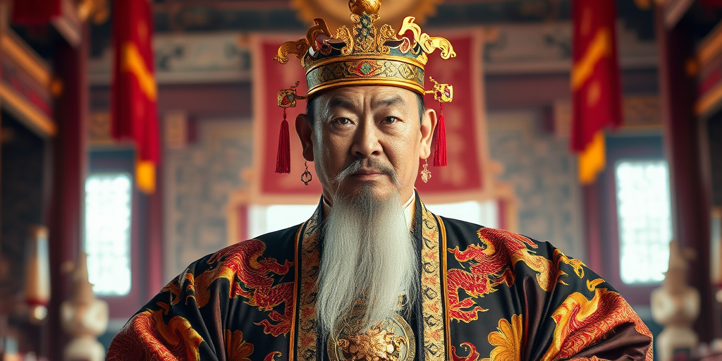 Regenerate a portrait of a majestic emperor in an ornate traditional robe with intricate dragon designs in a grand palace setting, emphasizing rich colors and textures, with soft natural lighting, using a DSLR camera, f/2.8 aperture, 50mm lens, and a depth of field effect to enhance the focus on the subject.