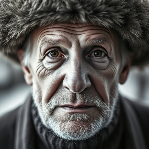 portrait of an elderly man with deep facial lines and a fur hat, captured in natural light, 50mm lens, aperture f/1.8, ISO 200, soft focus background, DSLR camera, black and white photography style