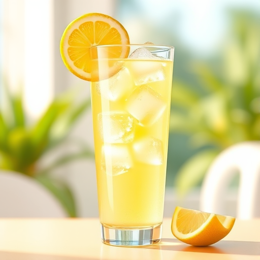 Create a vibrant illustration of a tall glass of lemonade with ice cubes and a lemon slice on the rim, using a 50mm lens with an aperture of f/2.8 for depth of field, in a bright and cheerful setting with soft natural lighting and a slight bokeh effect in the background.