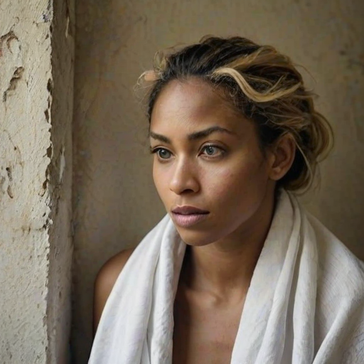 Create a close-up photographic image of a Creole woman with light skin tones shown against an old, worn wall. Their head is wrapped in a white cloth covering (i.e.... parts of the head except the nose and mouth, which are open as if they are screaming...), with a slight texture and visible folds in the fabric. Thin strands of blonde hair escape from the wrapping above, falling lightly at the top and sides. Their hands hold the fabric as if they are tugging nervously. The lighting is dramatic and even, casting strong shadows. The image has a minimalist and surreal style with an emphasis on simplicity with soft color tones. The composition is centered.