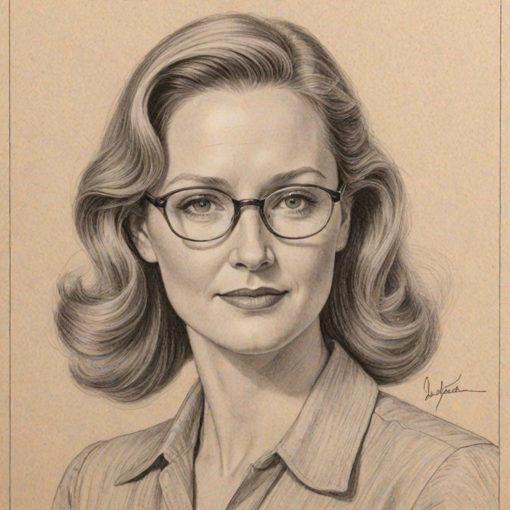Appealing Laura Linney, pencil sketch, portrait of Beauteous woman 1940s in glasses, hair style beatnik, outline, clear lines, fine lines, 8k