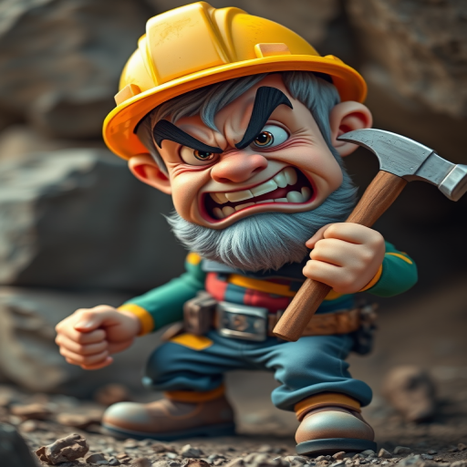 Create a highly detailed cartoonish image of an angry miner with a pickaxe, wearing a yellow hard hat and colorful work clothes, in a dynamic action pose, with a blurred motion effect to suggest movement, captured with a DSLR camera at f/2.8 aperture, ISO 100, 50mm lens, and a slightly low angle to emphasize intensity.