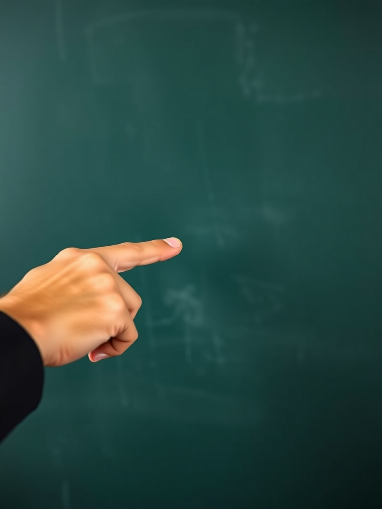 A professional hand pointing at a blank chalkboard surface, captured with a DSLR camera, 50mm lens, f/1.8 aperture, ISO 100, natural lighting, shot in a high-resolution format with a slight vignette effect.