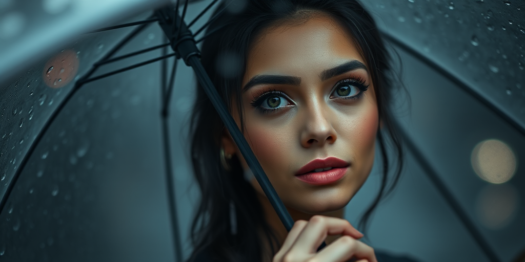 Regenerate a portrait of a woman in the rain holding an umbrella, capturing raindrops glistening on the umbrella, using a Canon EOS R5 with a 50mm f/1.2 lens, aperture set to f/1.8, ISO 100, shutter speed 1/200 sec, low-angle view, shot in soft diffused lighting for dramatic effect, evoke a moody and intimate atmosphere.