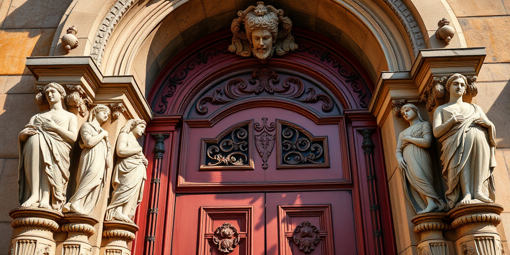 Capture a close-up of an ornate doorway with classical stone figures, showcasing vibrant colors and intricate details, using a DSLR camera with a 50mm lens, ISO 100, aperture f/8, shutter speed 1/250s, in natural daylight for enhanced contrast and sharpness.