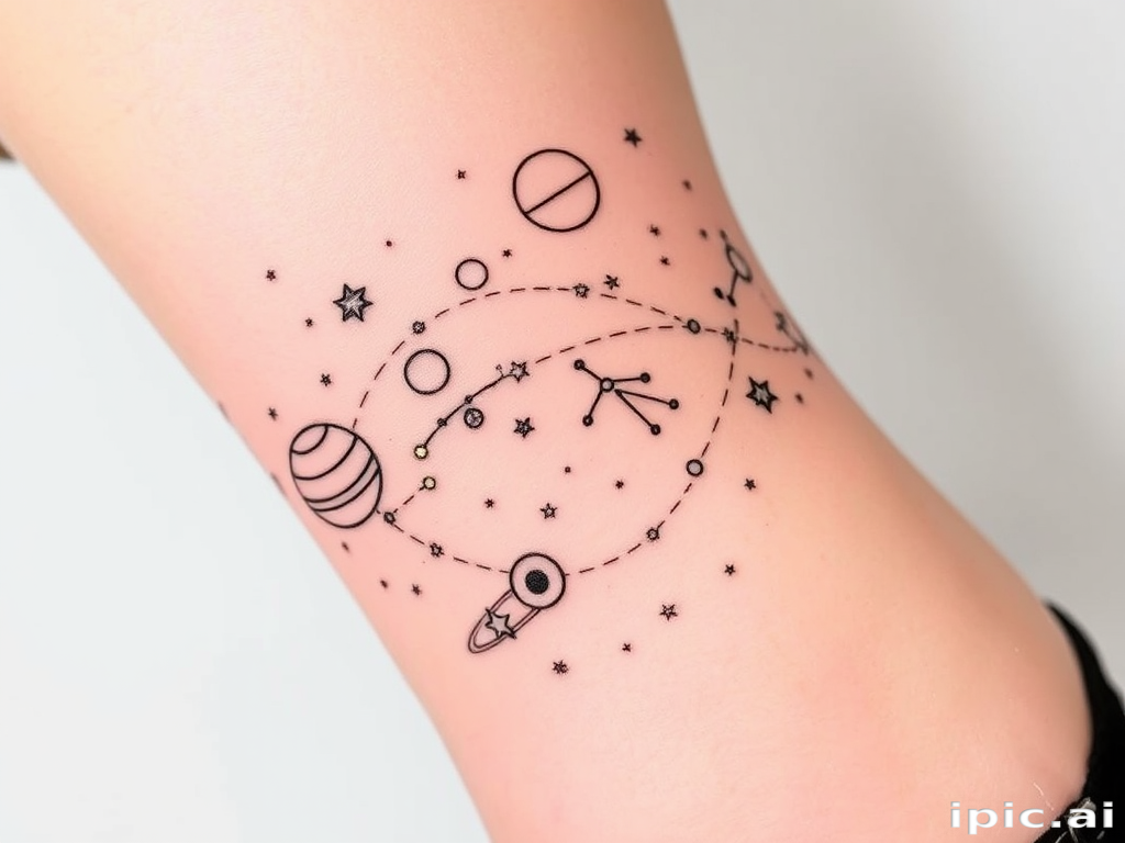 Minimalist line art tattoo titled "Celestial Dance" showcasing a continuous single-line drawing of planets, stars, and constellations, with small pops of metallic gold ink to highlight key celestial bodies
