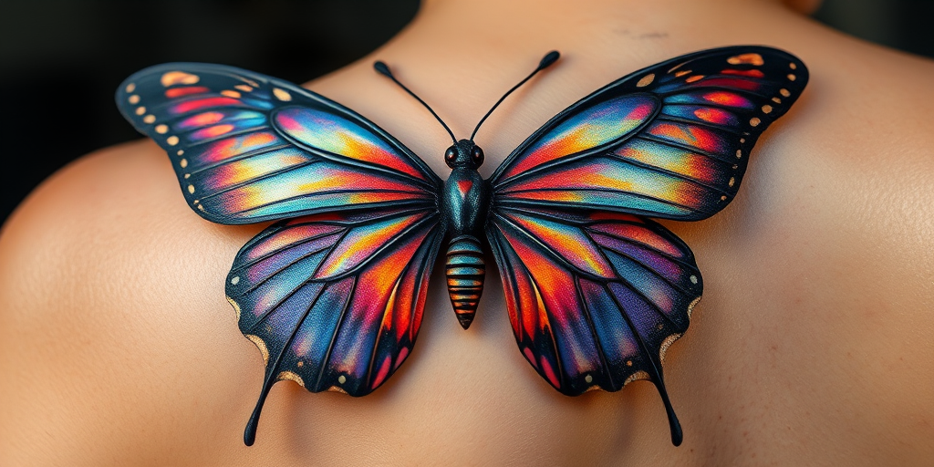 Hyper-realistic 3D butterfly tattoo with wings that appear to lift off the skin, showcasing iridescent colors and delicate textures, placed on the shoulder blade for a stunning visual effect