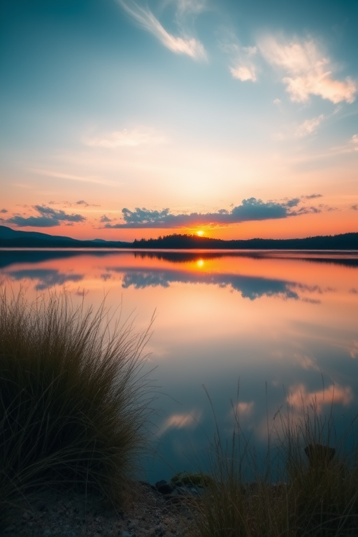 Create a high-resolution image of a serene landscape with a sunset over a calm lake, using a DSLR camera, 50mm lens, f/8 aperture, ISO 100, with soft focus and natural lighting.