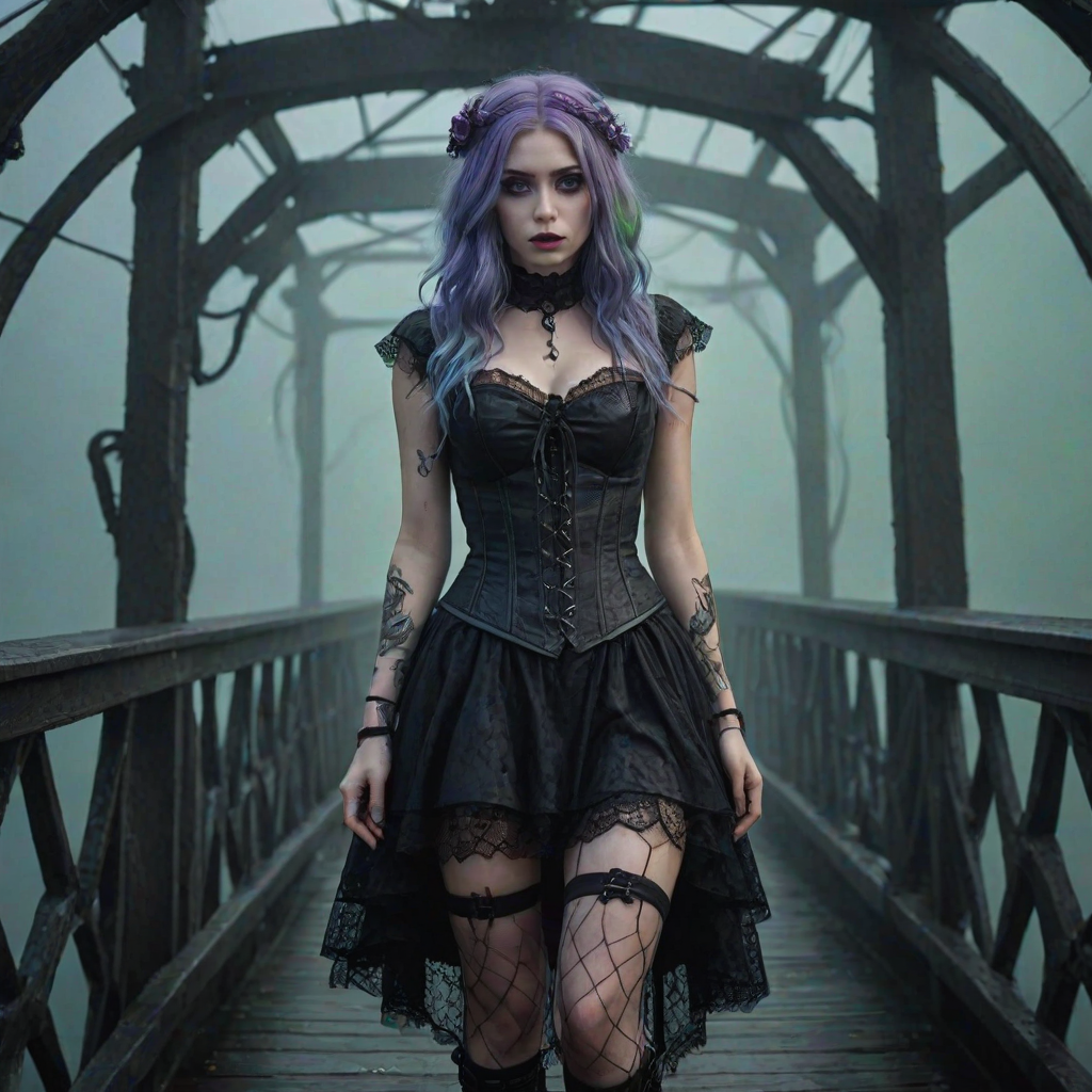 (Bottom-up view view:1.5) Cinematic glamour portrait of a beautiful ((skiny:1.1)) young girl, detailed purple eyes, wearing a Dark Alice in Wonderland dress with a Lace-up corset, wearing Doc Martens boots with Ripped fishnet tights, green velus hair, on A gothic, fog-shrouded bridge, mist softly illuminated by a bluish or violet light source, supernatural feel, a giant Kraken comes from the mist, dark movie, look in the style of a horror science fiction movie, Dusk on a foggy bridge, unity 8k wallpaper, ultra detailed, beautiful and aesthetic, best quality, intricate, sharp focus, 8k textures , intricate, highly detailed, sharp focus, insane details, intricate details, hyper detailed, exposure blending, hdr, hyperrealistic, shot with Mamiya Leaf, Leica Elmar-M lens, 85mm, f/1.8, (high detailed skin:1.2), uhd, dsir, soft lighting, high quality, film grain,