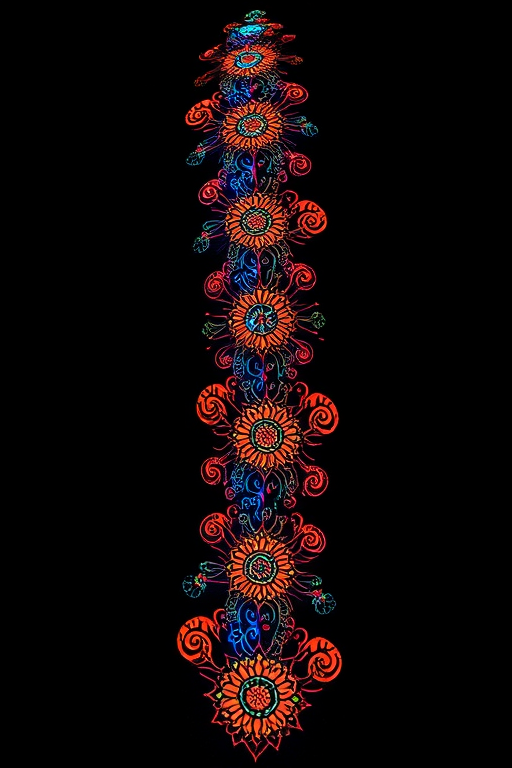 Luminous UV ink tattoo covering the spine with intricate patterns that glow under blacklight creating a mesmerizing effect in both daylight and darkness