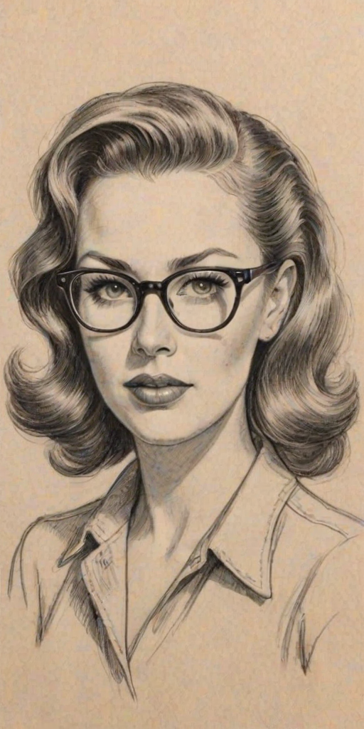 Enticing Brooke Lynn Hytes, pencil sketch, portrait of Fascinating woman 1945s in glasses, hair style beatnik, outline, clear lines, fine lines, 8k