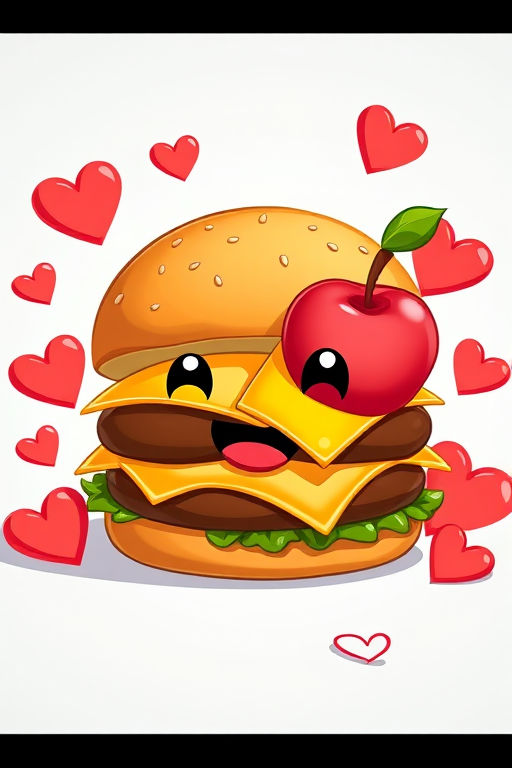 Create a vibrant illustration of a smiling cartoon burger with a slice of cheese and an apple with a leaf, surrounded by red hearts, using a high-resolution digital art style, shot with a Canon EOS 5D Mark IV at f/2.8, 50mm lens, with a shallow depth of field and bright, even lighting.