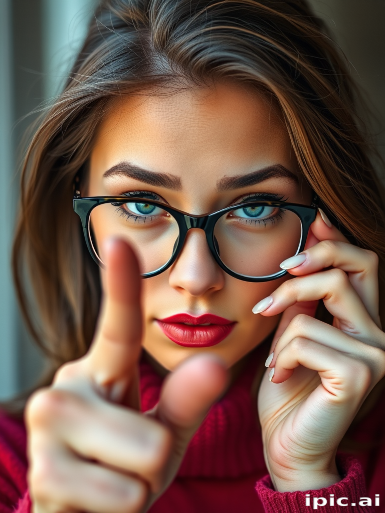 A beautiful blue eyed woman putting on her glasses while pointing her finger at the camera hyper realistic