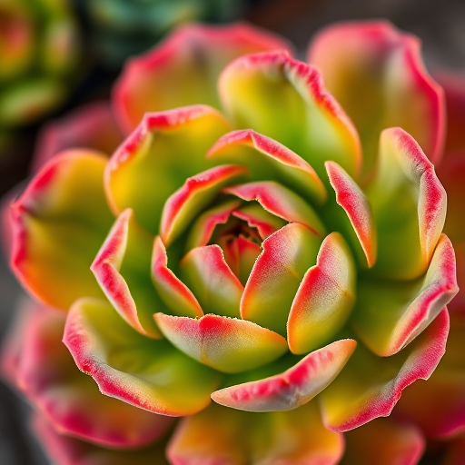 macro shot of a colorful succulent plant with ruffled edges, shallow depth of field, ISO 100, aperture f/2.8, 50mm lens, natural light, DSLR camera, soft focus background