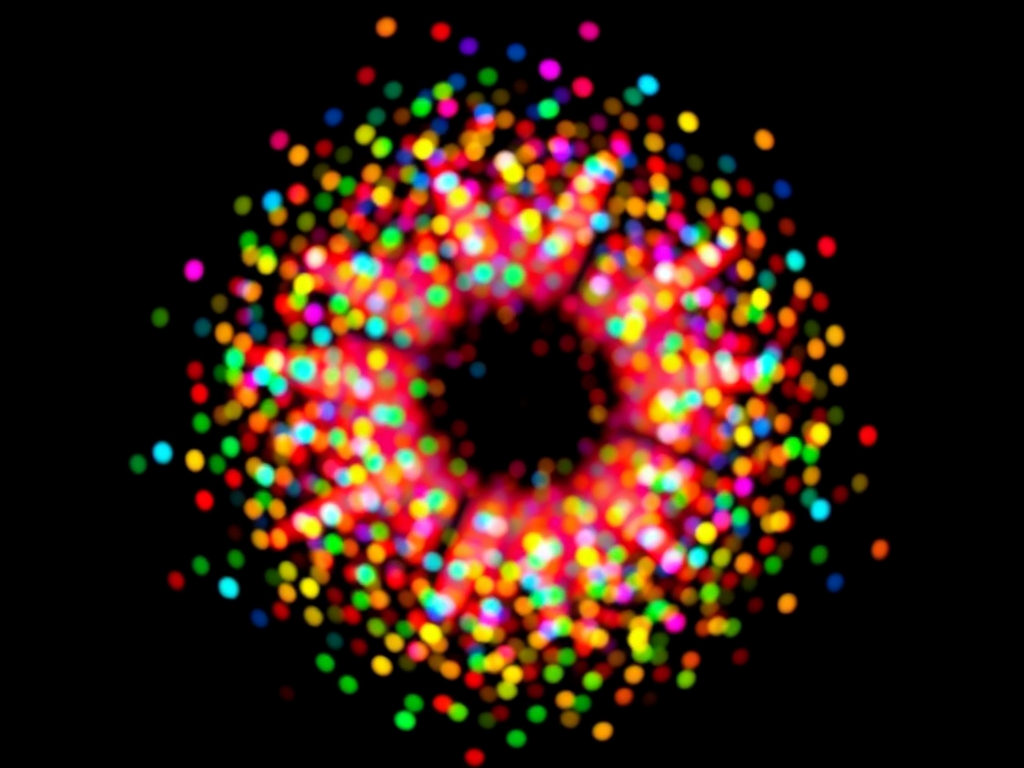 Generate a vibrant explosion of colorful dots in a circular formation on a black background, using a DSLR camera with a 50mm lens, aperture at f/2.8, shutter speed 1/200s, ISO 100, overhead view, and a shallow depth of field for enhanced image quality.