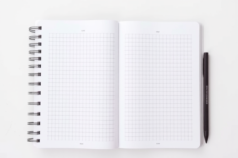 A clean spiral-bound notebook with a grid layout on the pages, shot with a DSLR camera, aperture f/4, ISO 100, focal length 50mm, top-down view, natural lighting for enhanced clarity and contrast.