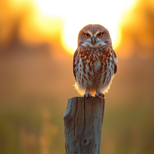 owling perched on a wooden post in a soft-focus natural background, sunrise lighting, sharp focus on the owl's details, ISO 200, aperture f/4, shutter speed 1/250s, DSLR camera, 85mm lens, natural light photography