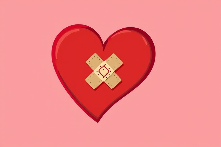 Create an illustration of a large red heart with a textured band-aid applied to it in the center, using a resolution of 300 DPI, with a view from above, in a flat design style, captured with a digital mirrorless camera at f/4, ISO 100, and a 50mm lens.