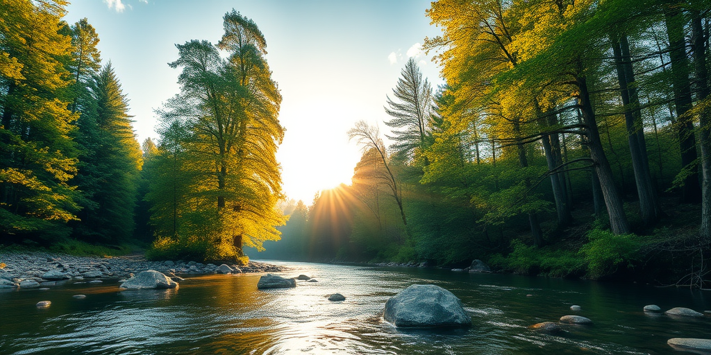 Create an image of a serene, sunlit forest scene with a clear, gently flowing river. Tall trees with lush green foliage line both sides of the river, their leaves bathed in the warm golden light of the setting or rising sun. The sunlight filters through the trees, casting soft, dappled light on the river, which flows over smooth rocks and pebbles, creating a peaceful, natural atmosphere. The sky is bright with a few scattered clouds, and the overall mood is tranquil, evoking a deep sense of connection with nature. The image captures the beauty of a calm, pristine forest landscape at either dawn or dusk.